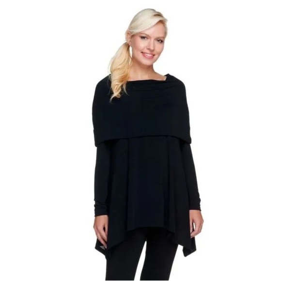 Lisa Rinna Collection Tops - Lisa Rinna - Belle Gray - Black Fold Over Neck Knit Tunic Sweater